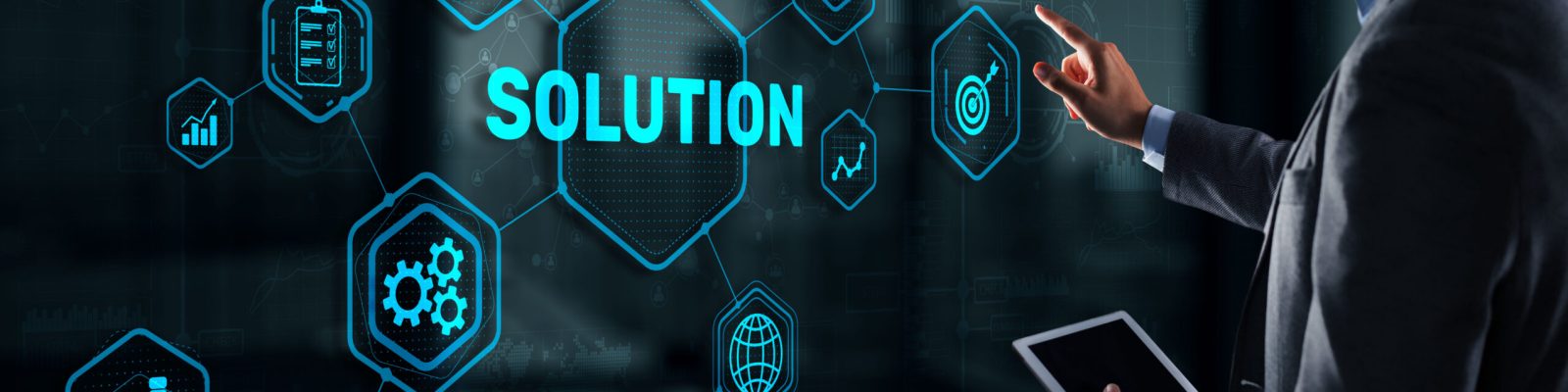 Solution. Businessman pressing on touch screen interface inscription Solutions. Business concept. Internet concept.